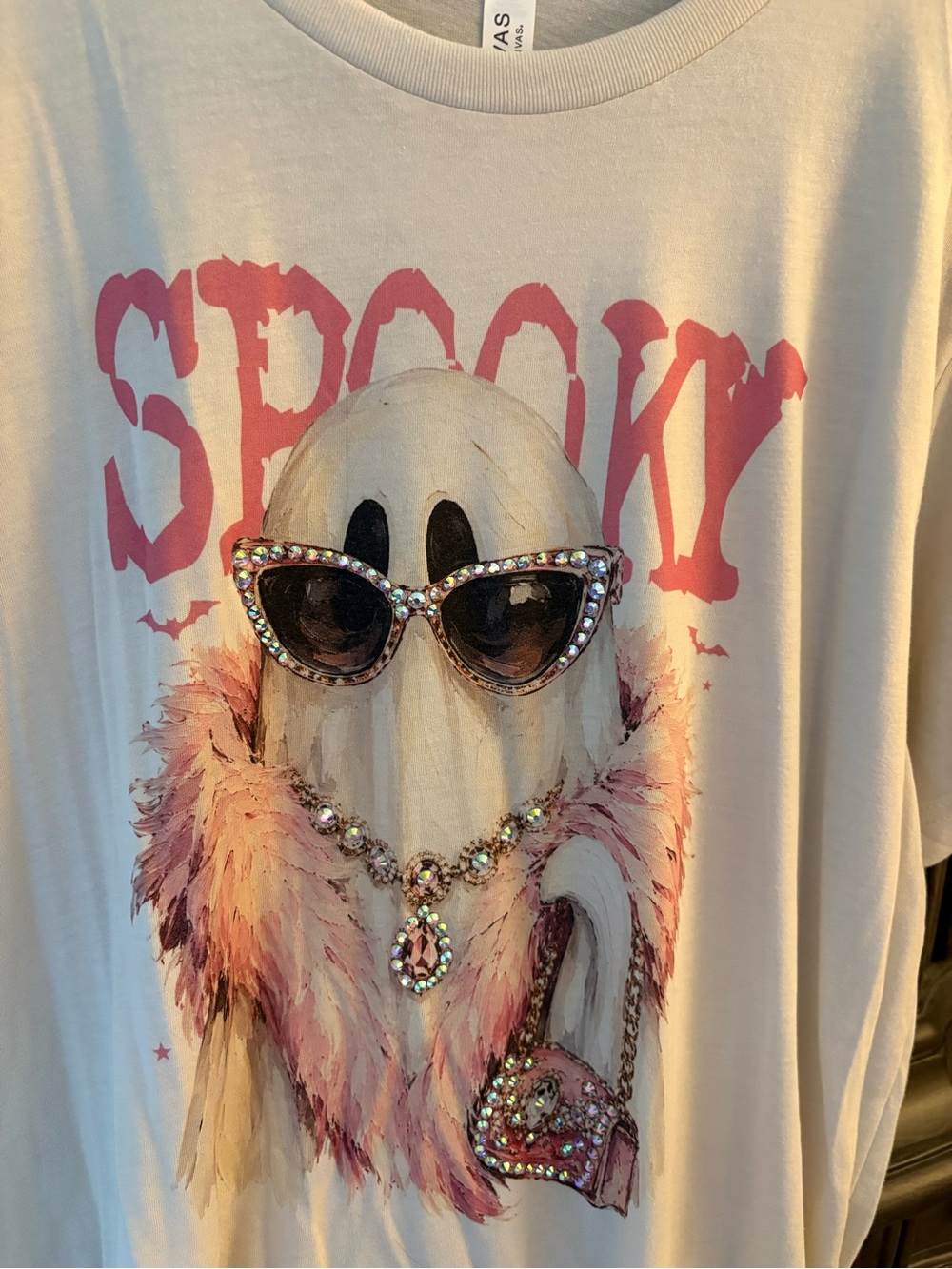 White 'Spooky' Graphic Short Sleeve Tee with Pink Accents